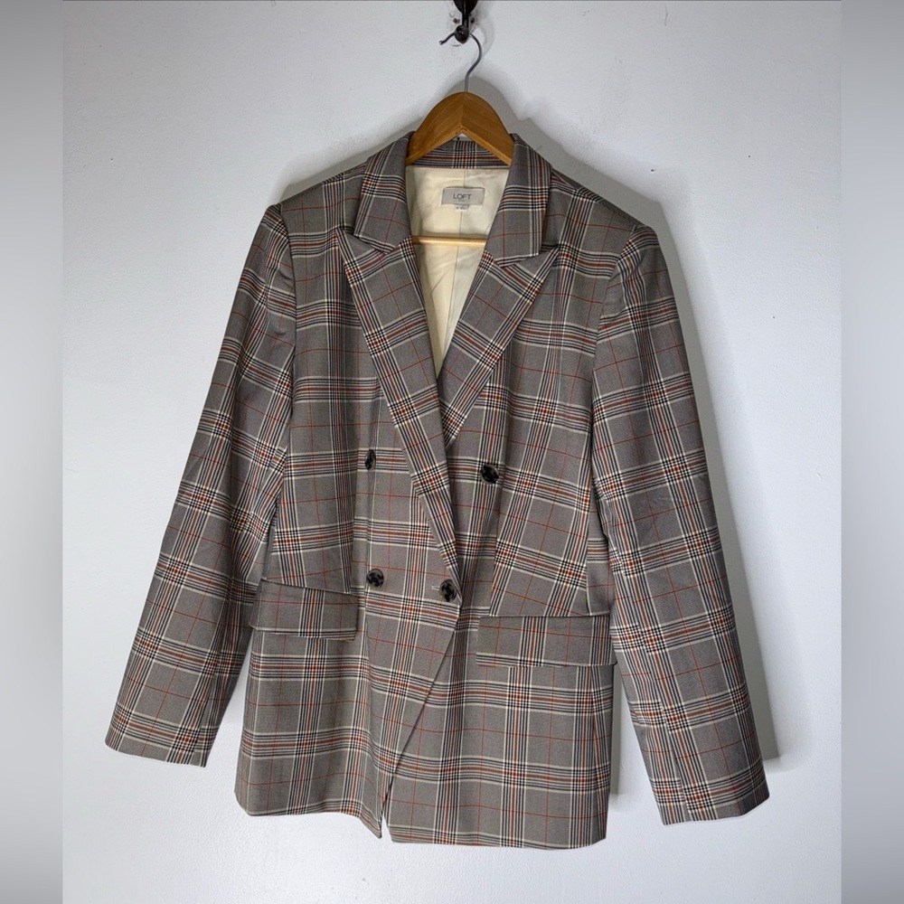 Loft Outlet Black Beige Orange Plaid Blazer Double Busted Size 16